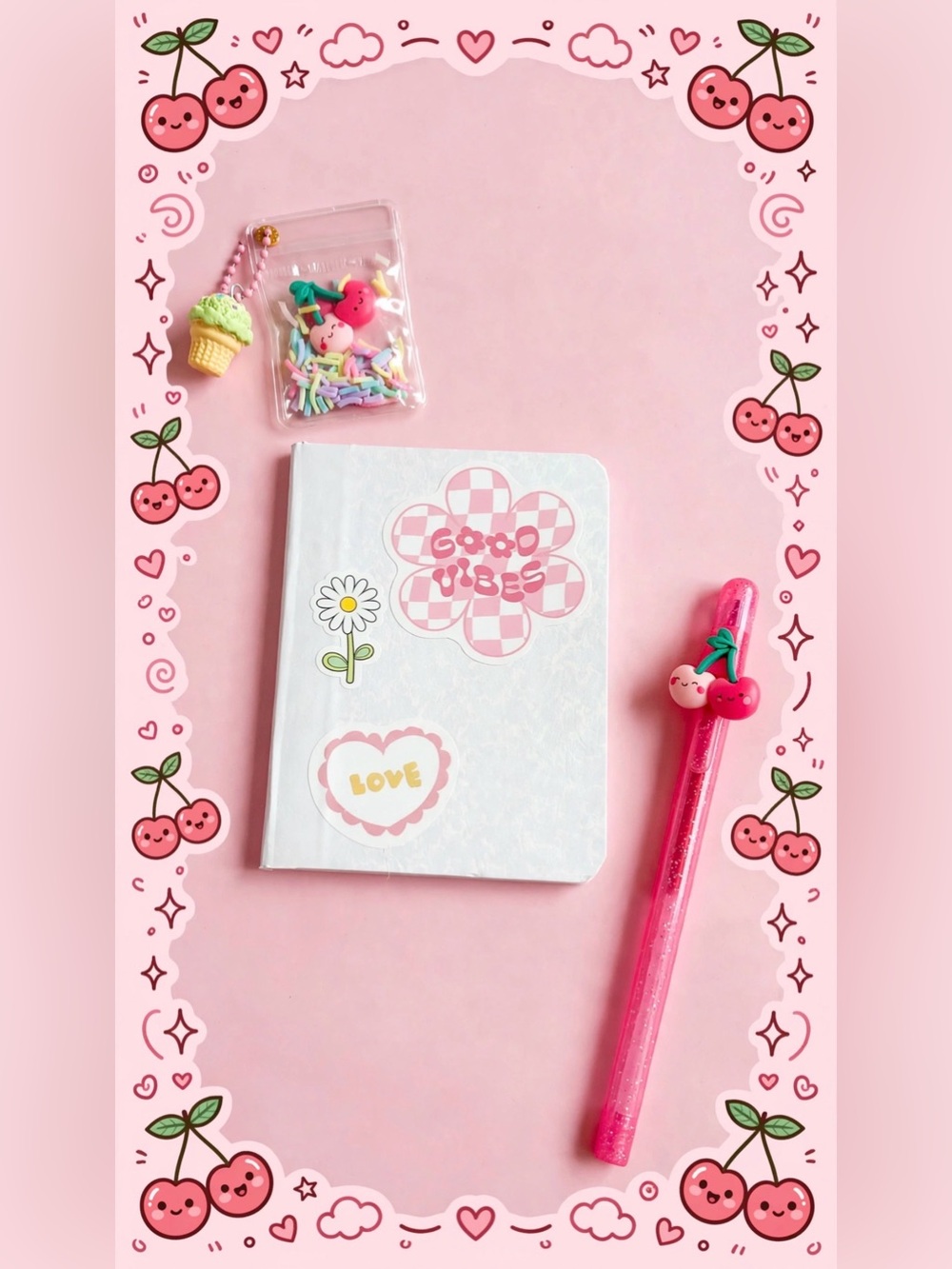 Set Kawaii Pink Cherry Gel Pen for Kids - Cute Cherry Charm Design